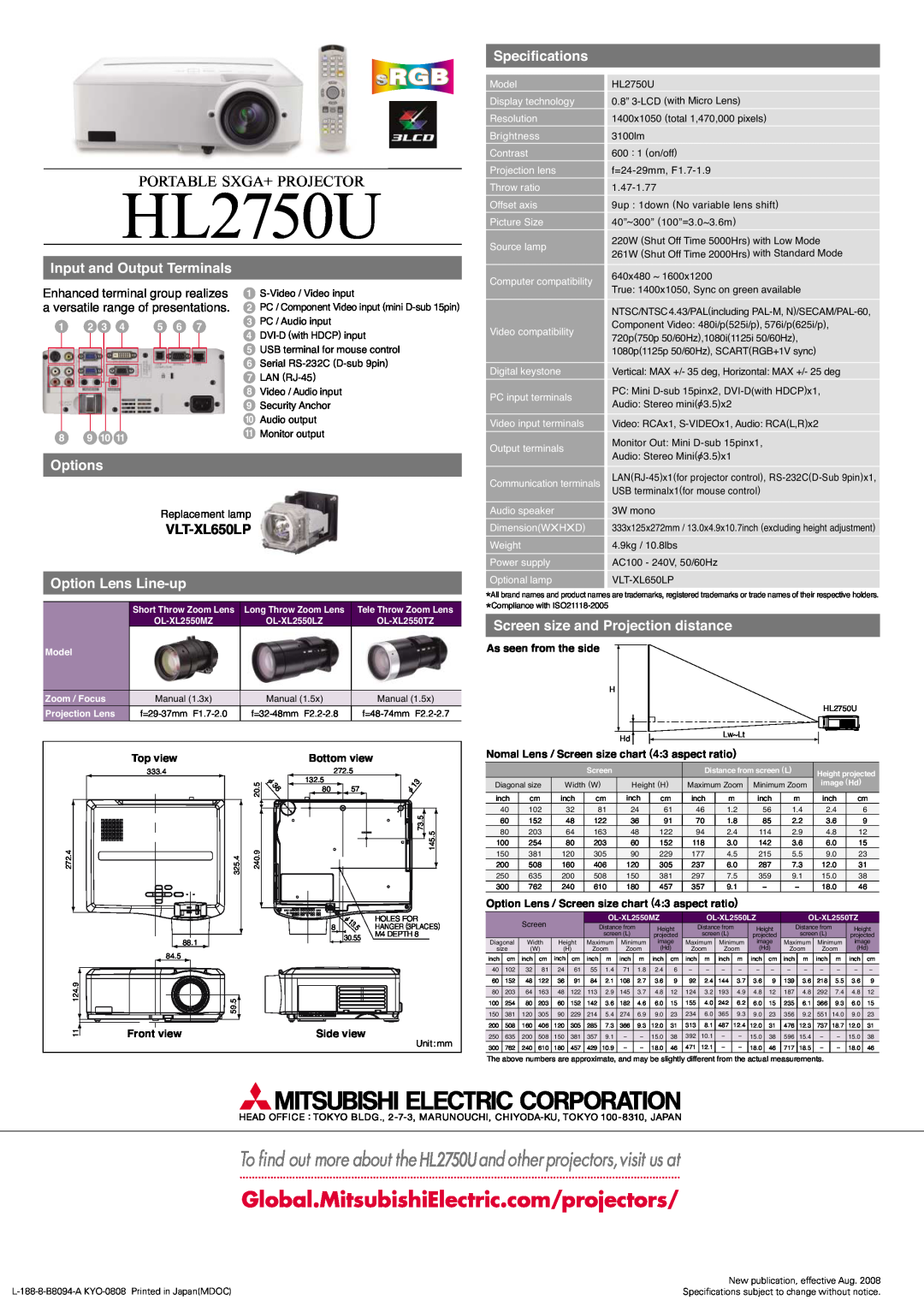 Mitsubishi Electronics HL2750U Portable Sxga+ Projector, Specifications, Input and Output Terminals, Options, VLT-XL650LP 