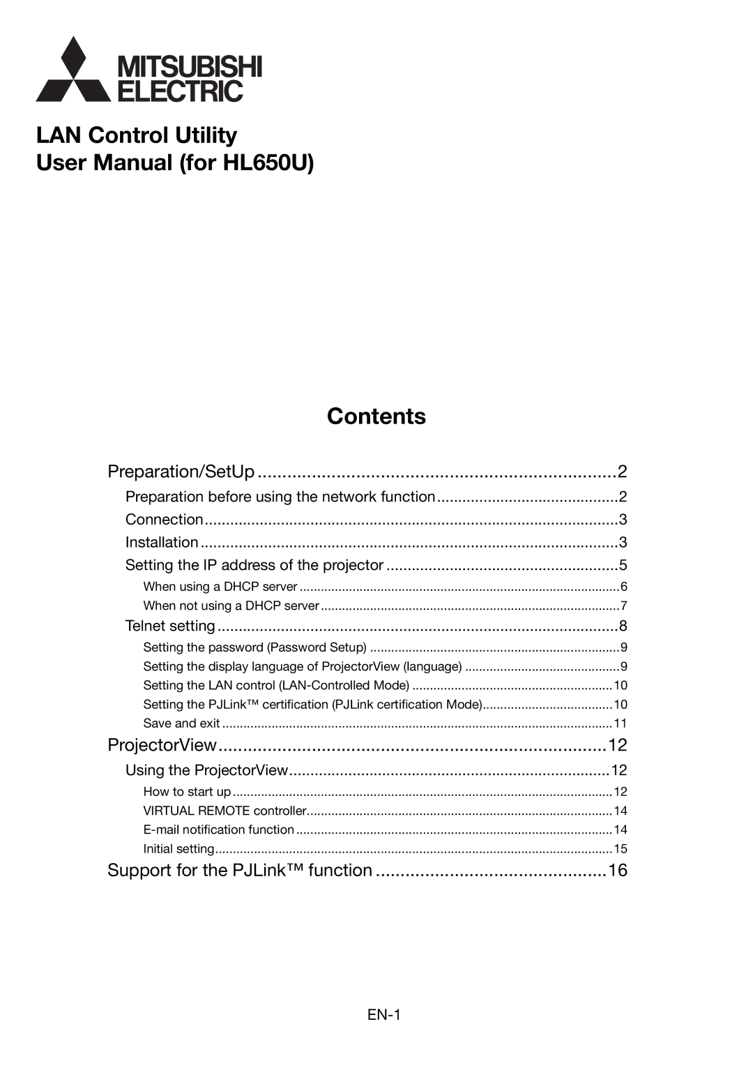 Mitsubishi Electronics HL650U user manual LAN Control Utility Contents 