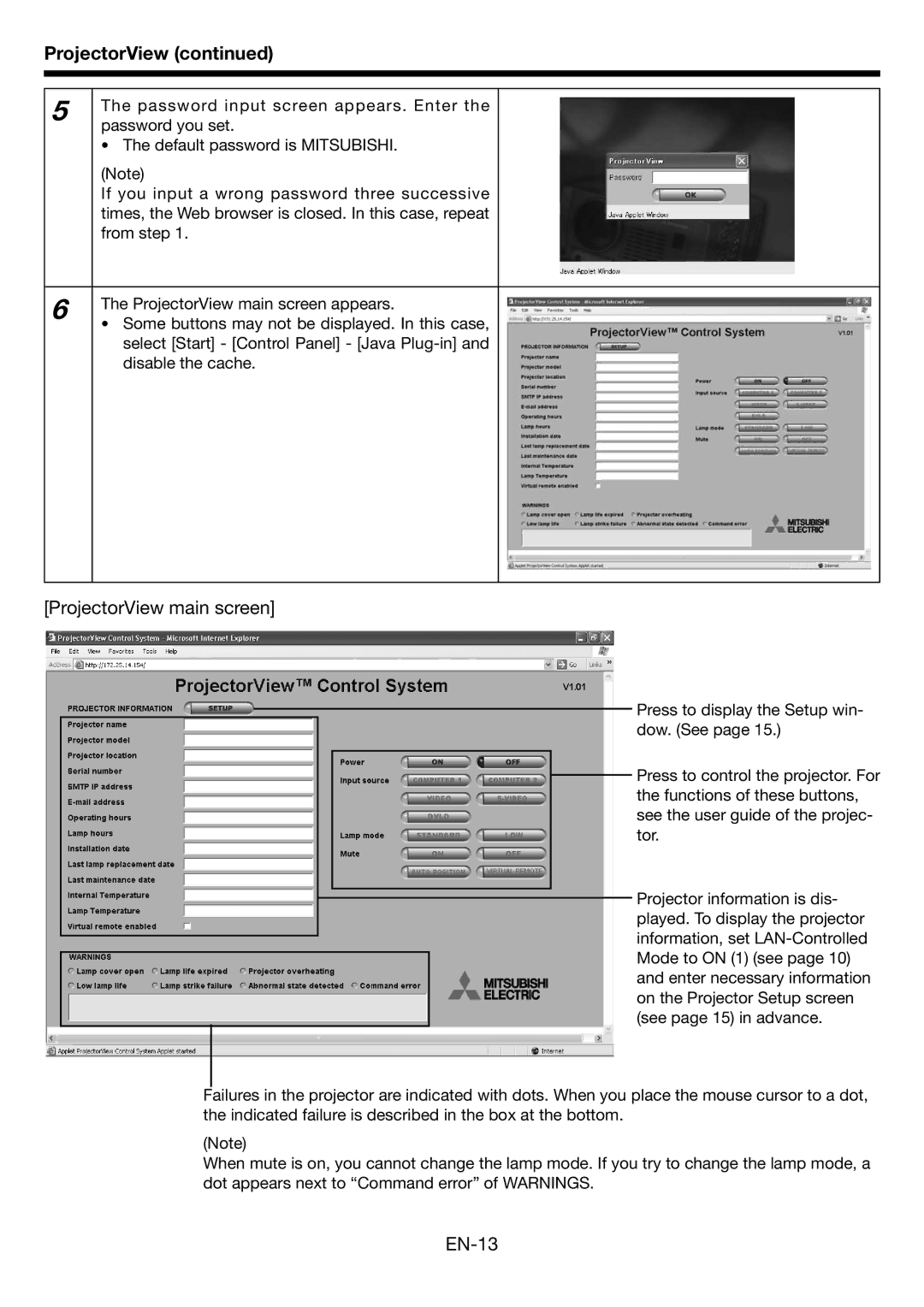 Mitsubishi Electronics HL650U user manual ProjectorView main screen, EN-13 