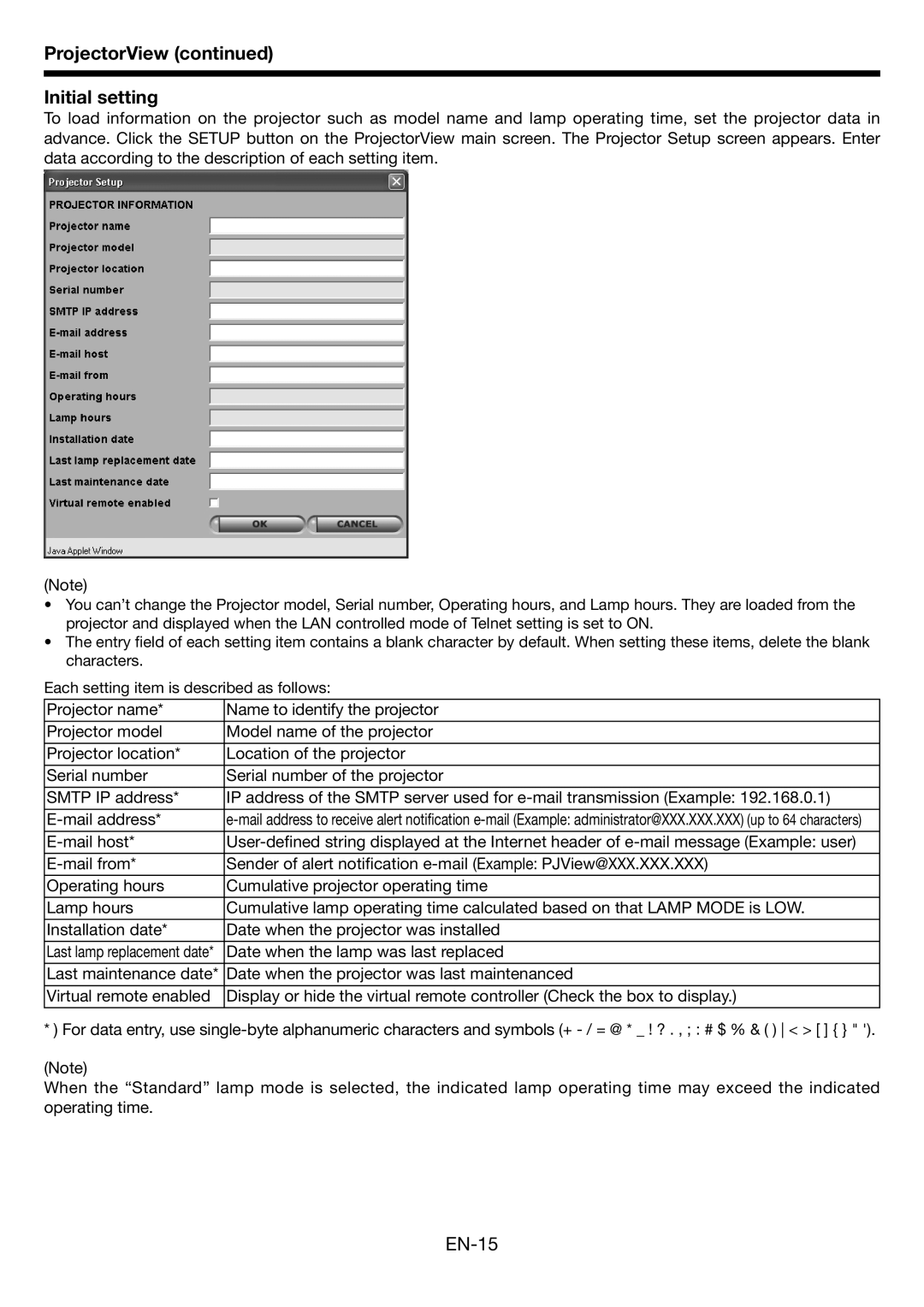 Mitsubishi Electronics HL650U user manual ProjectorView Initial setting, EN-15 