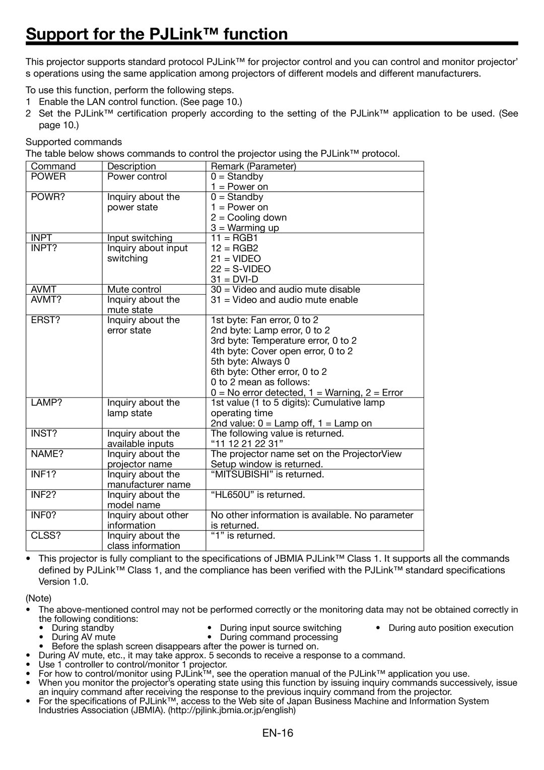 Mitsubishi Electronics HL650U user manual Support for the PJLink function, EN-16 