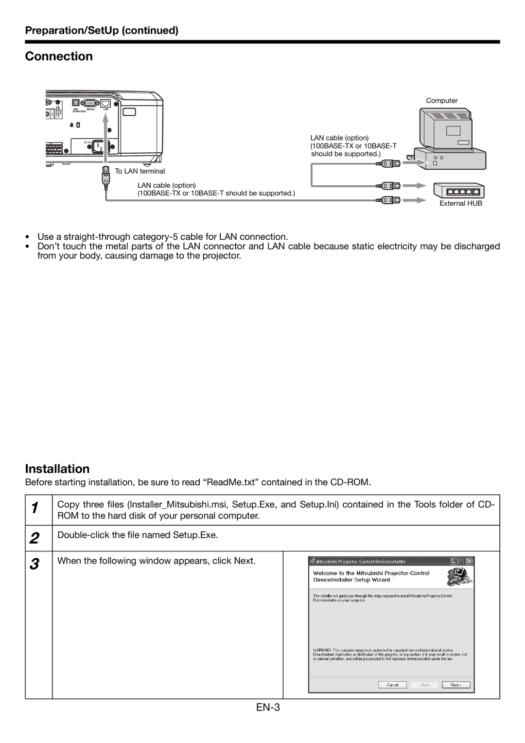 Mitsubishi Electronics HL650U user manual Connection, Installation, Preparation/SetUp, EN-3 