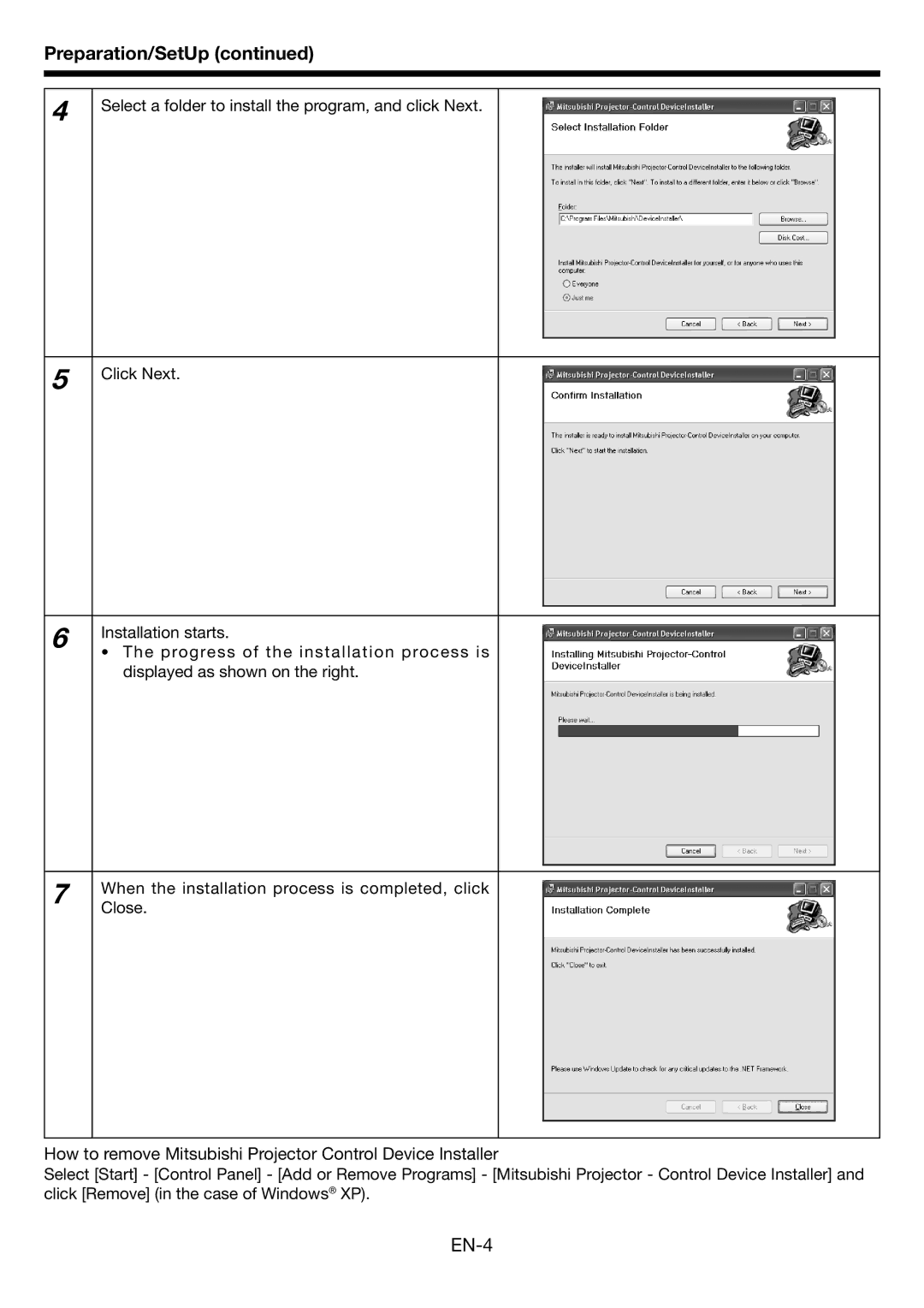 Mitsubishi Electronics HL650U user manual EN-4, How to remove Mitsubishi Projector Control Device Installer 