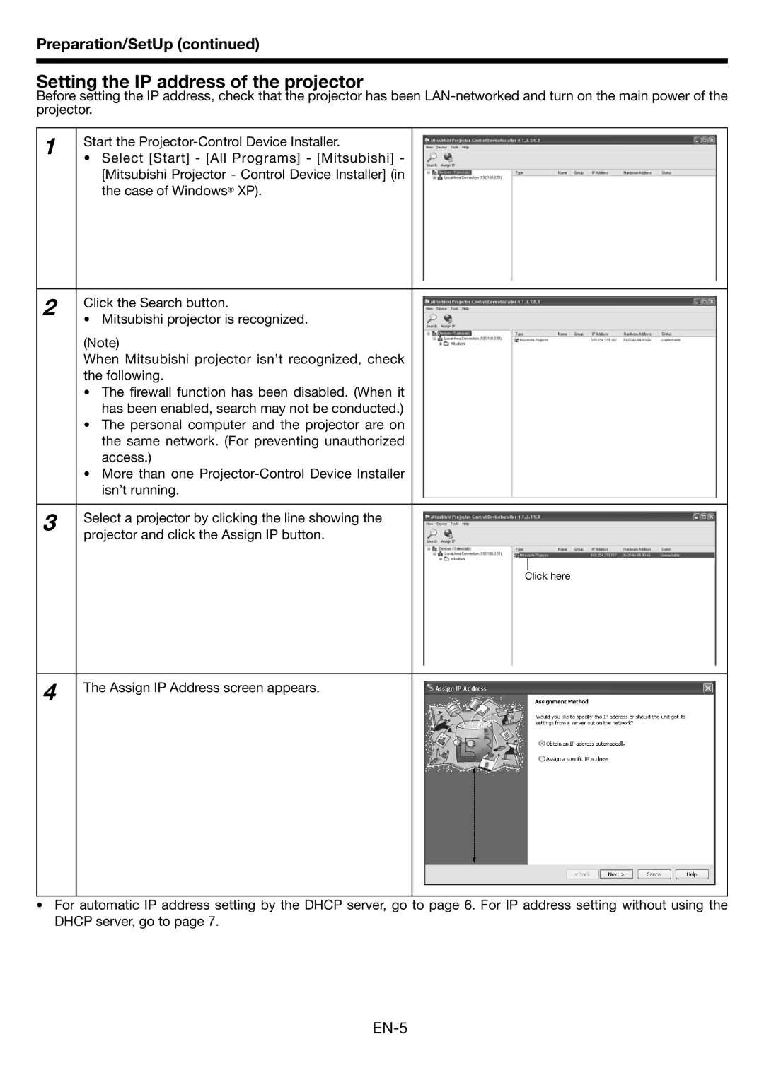 Mitsubishi Electronics HL650U user manual Setting the IP address of the projector, EN-5 