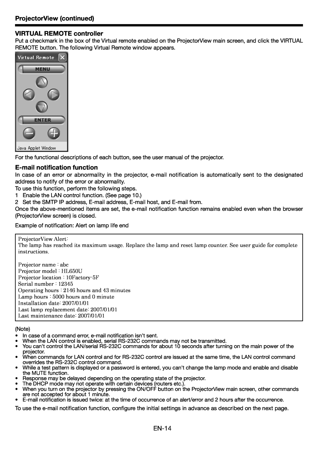 Mitsubishi Electronics HL650U ProjectorView continued VIRTUAL REMOTE controller, E-mail notiﬁcation function, EN-14 