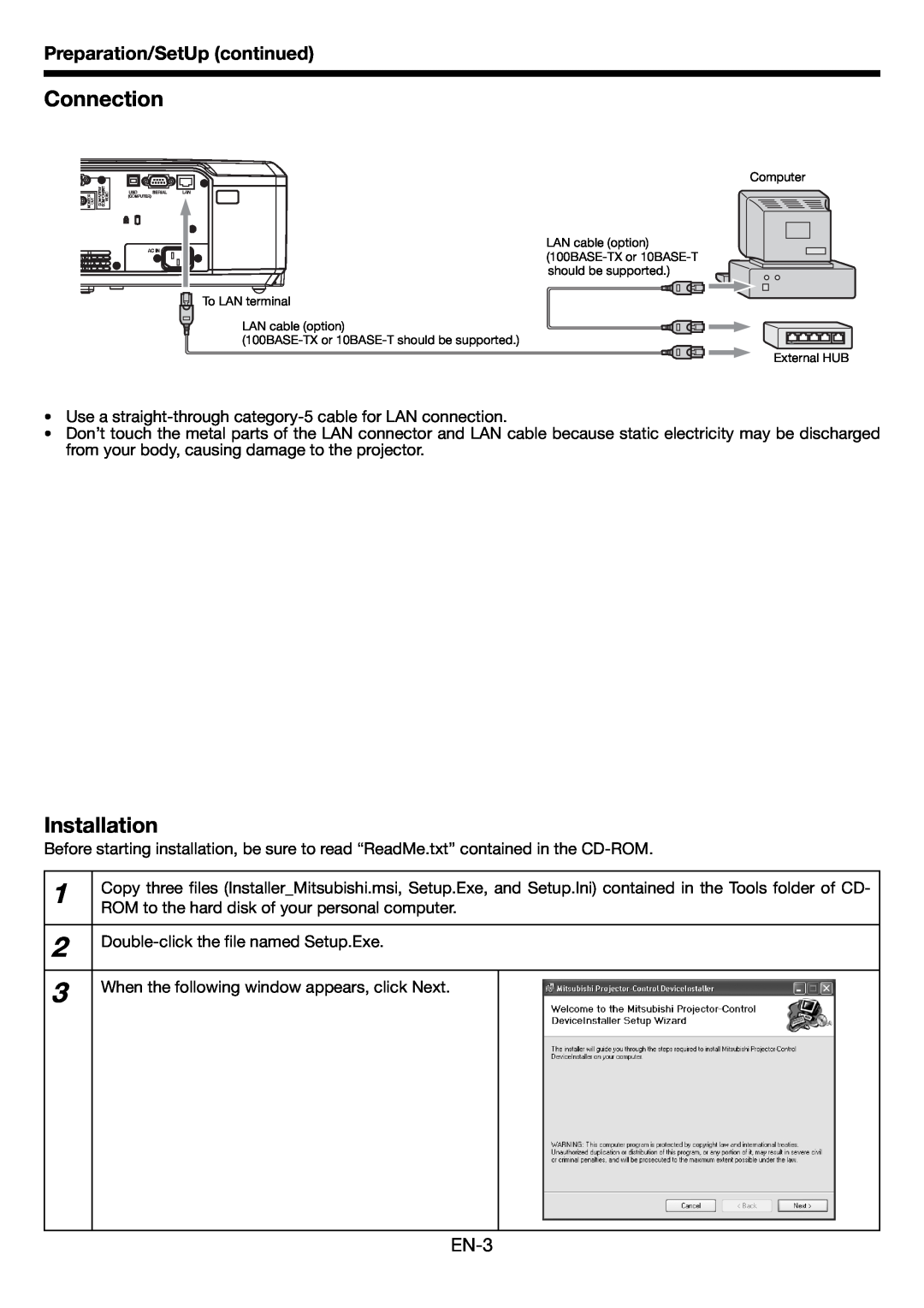Mitsubishi Electronics HL650U user manual Connection, Installation, Preparation/SetUp continued, EN-3 