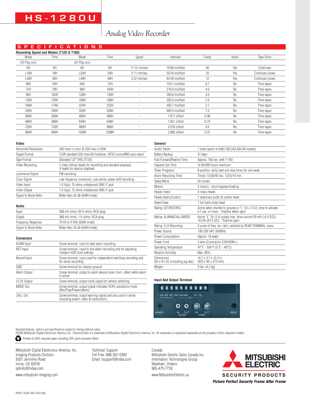 Mitsubishi Electronics HS-1280U warranty Recording Speed and Modes T120 & T160, Video, Audio, Connectors, General 