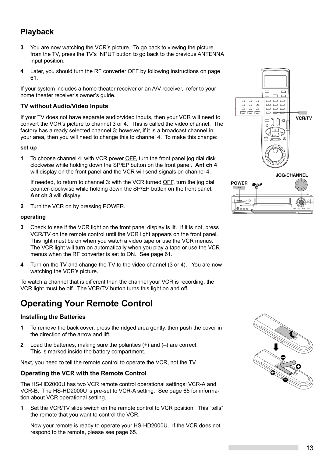 Mitsubishi Electronics HS-HD2000U manual Operating Your Remote Control, Playback, TV without Audio/Video Inputs 