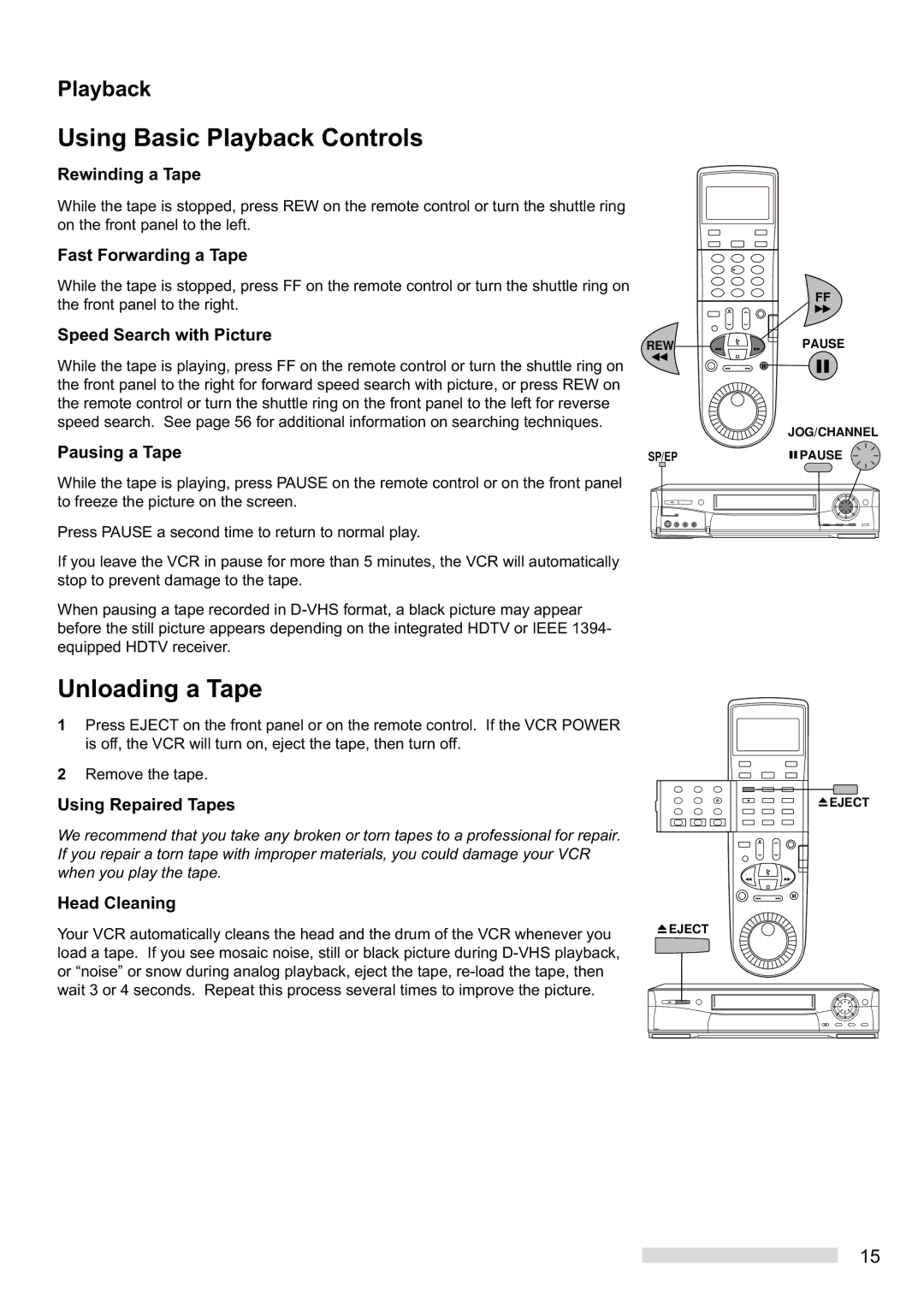 Mitsubishi Electronics HS-HD2000U manual Using Basic Playback Controls, Unloading a Tape 