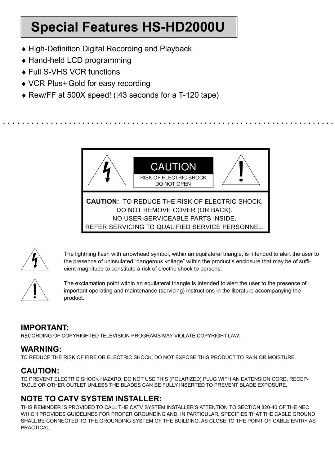 Mitsubishi Electronics manual Special Features HS-HD2000U, Refer Servicing to Qualified Service Personnel 