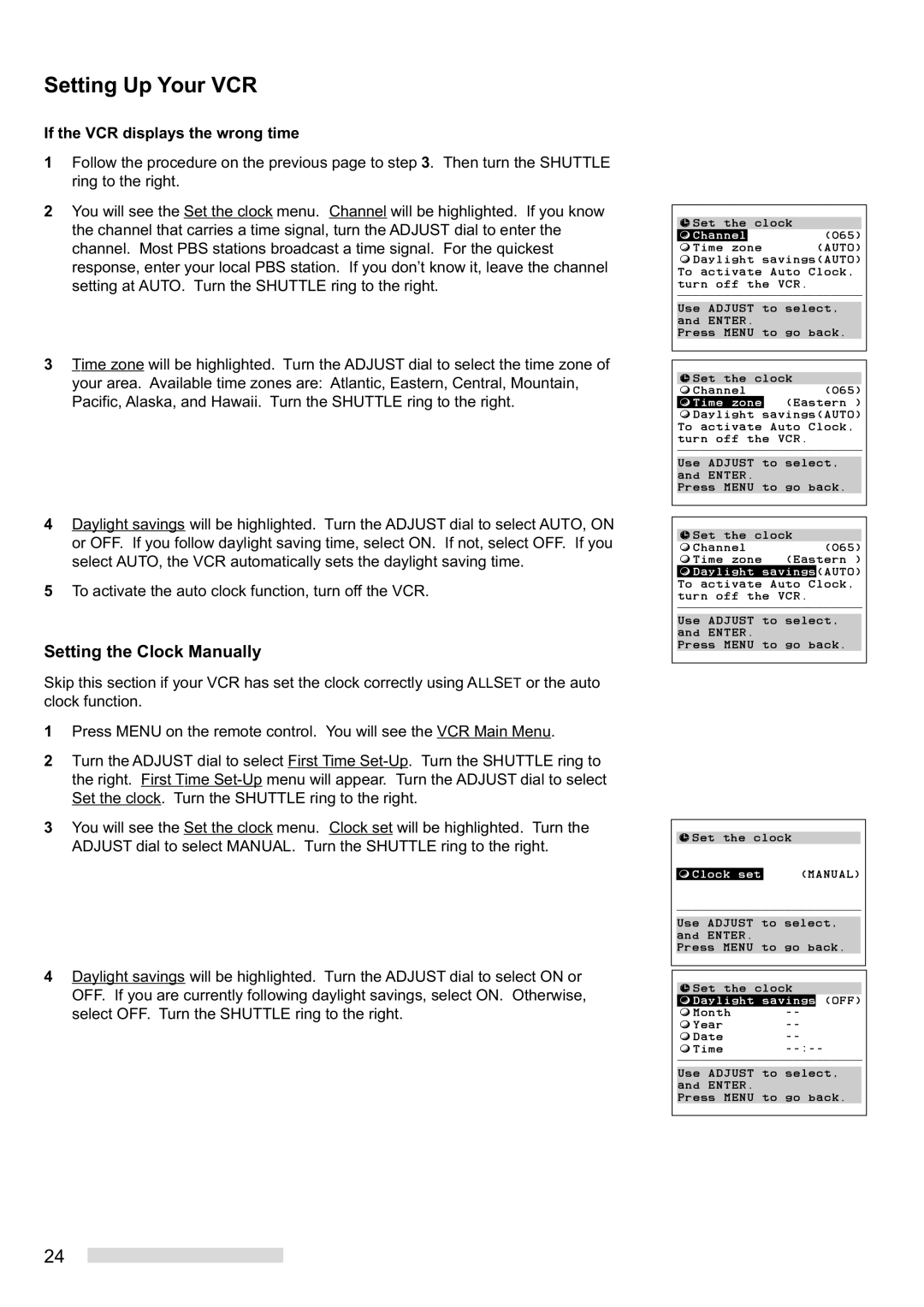 Mitsubishi Electronics HS-HD2000U manual Setting the Clock Manually, If the VCR displays the wrong time 