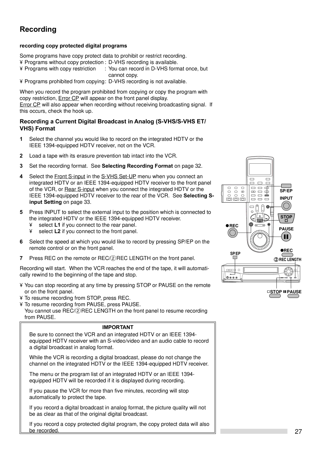 Mitsubishi Electronics HS-HD2000U manual Recording copy protected digital programs 