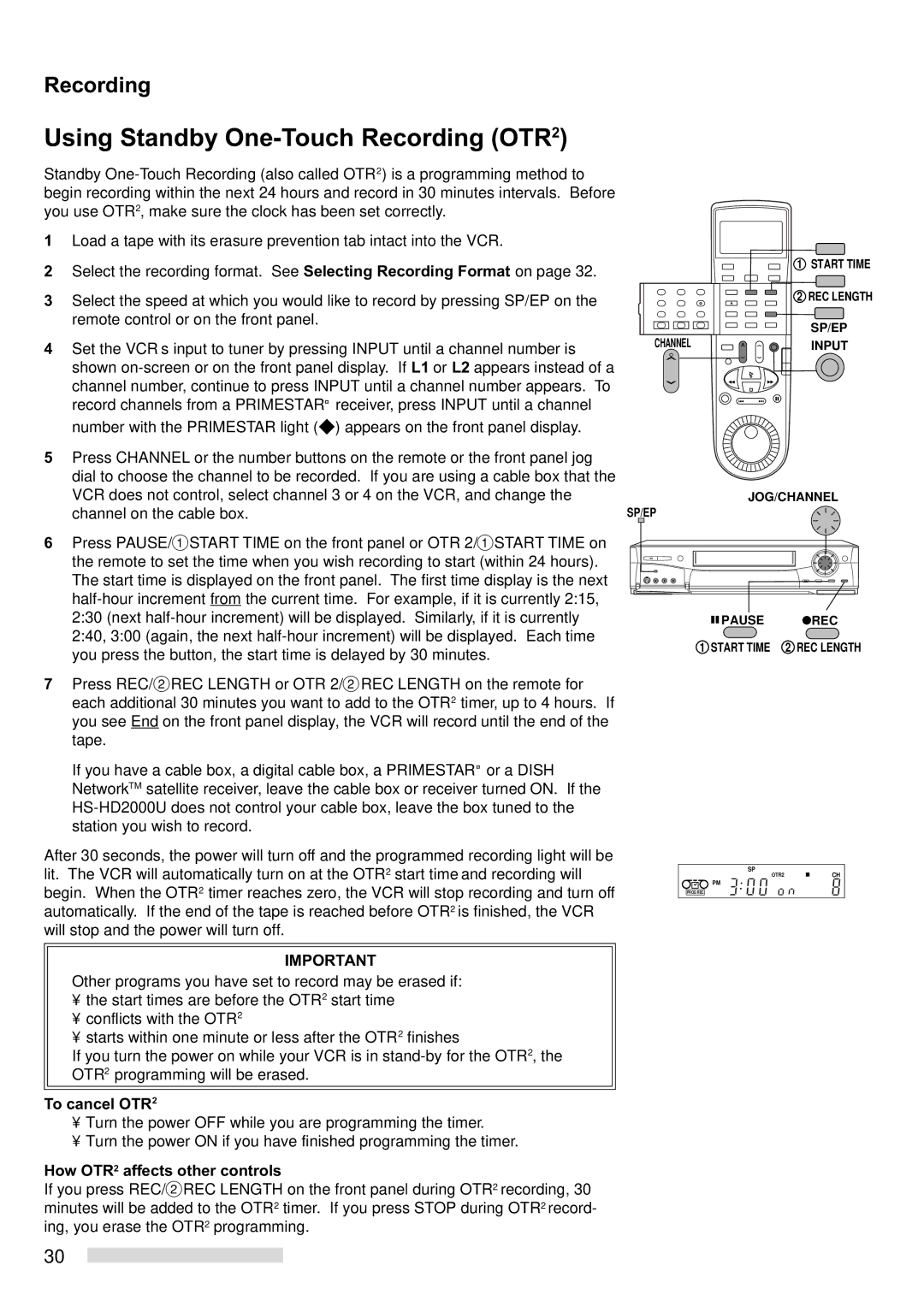 Mitsubishi Electronics HS-HD2000U manual Using Standby One-Touch Recording OTR2, Channel on the cable box, To cancel OTR2 