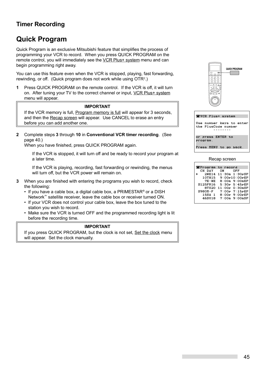 Mitsubishi Electronics HS-HD2000U manual Quick Program 