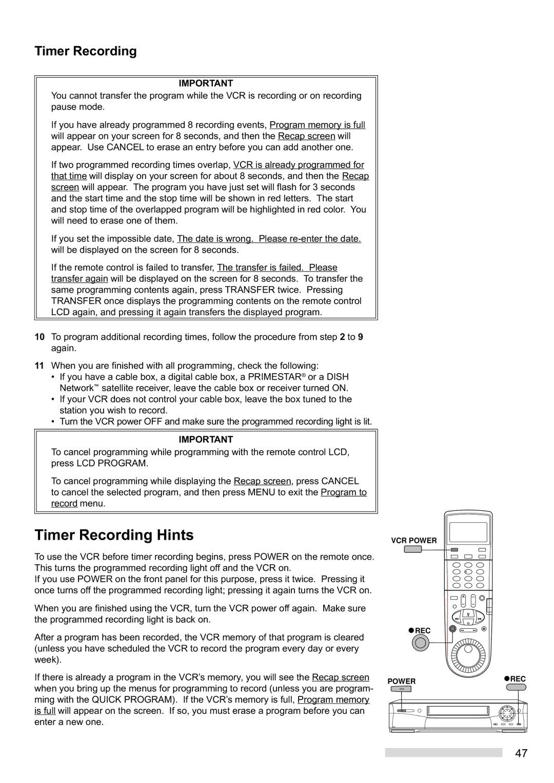 Mitsubishi Electronics HS-HD2000U manual Timer Recording Hints 