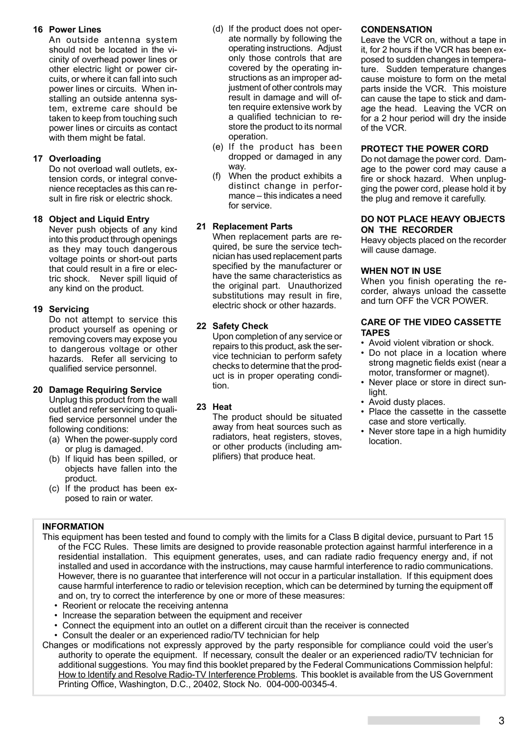 Mitsubishi Electronics HS-HD2000U manual Power Lines, Overloading, Replacement Parts, Safety Check, Heat 