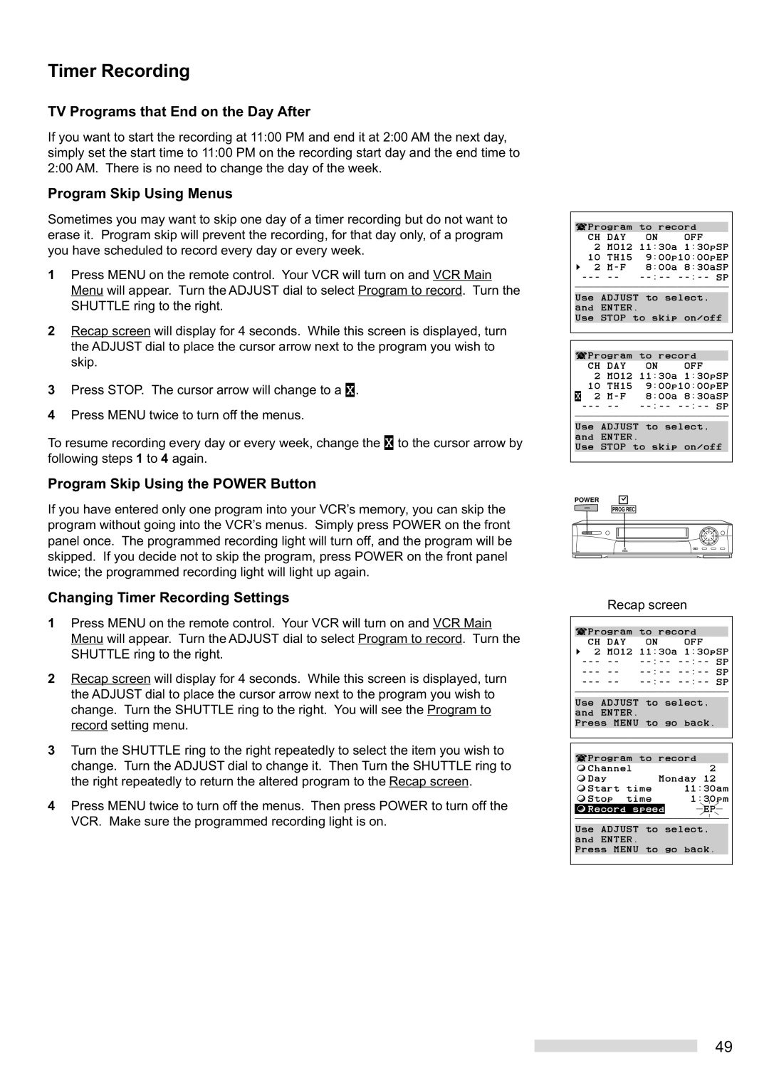 Mitsubishi Electronics HS-HD2000U manual TV Programs that End on the Day After, Program Skip Using Menus 