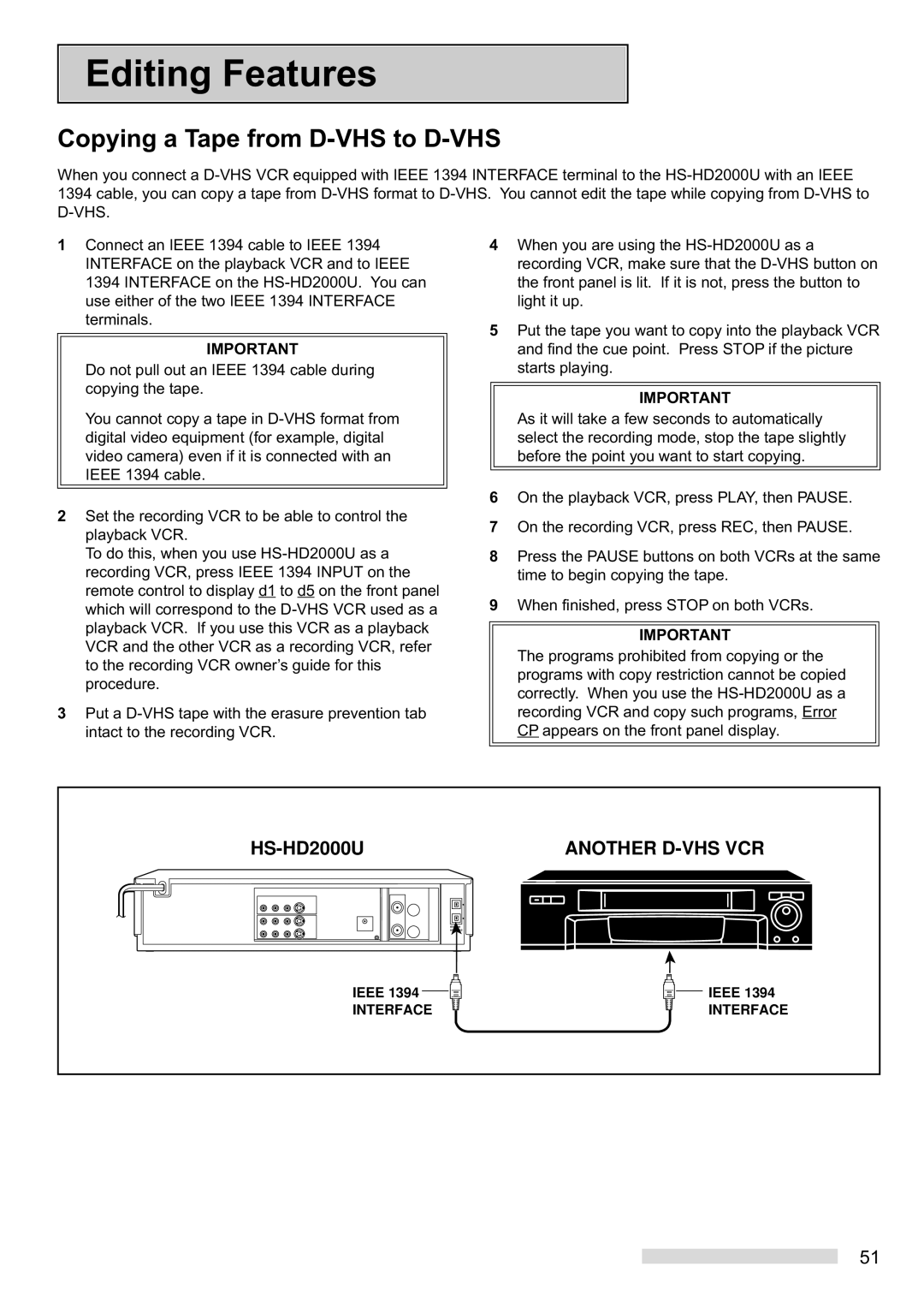 Mitsubishi Electronics HS-HD2000U manual Editing Features, Copying a Tape from D-VHS to D-VHS 