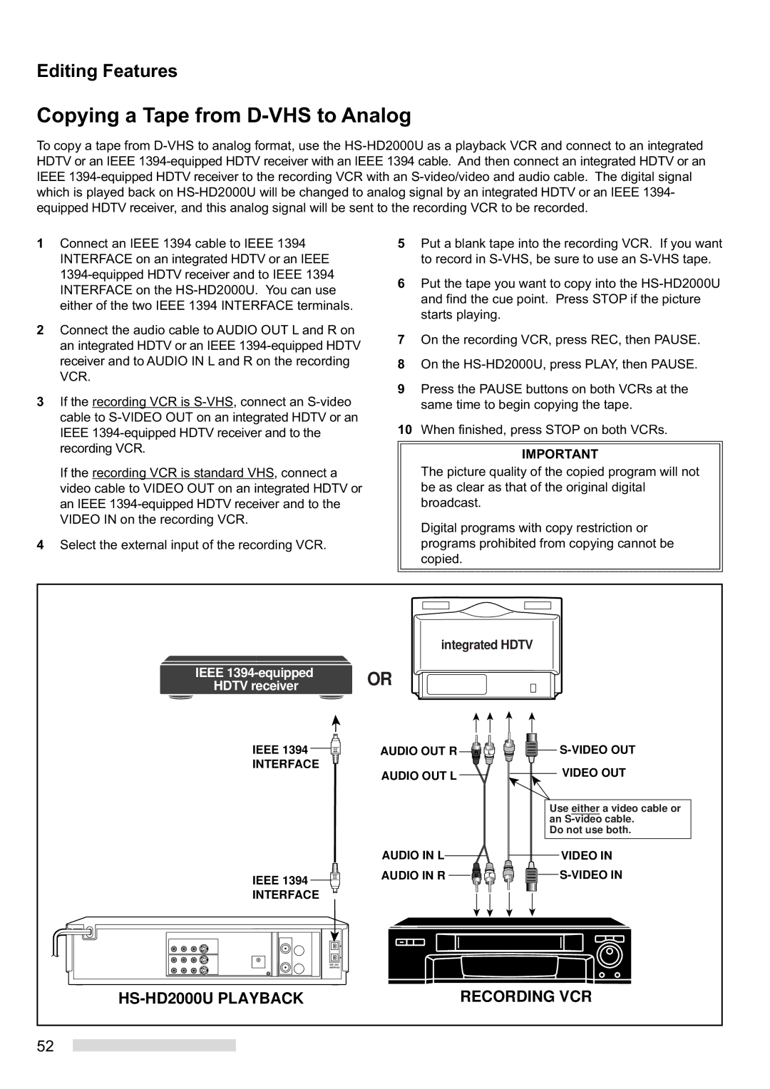 Mitsubishi Electronics HS-HD2000U manual Copying a Tape from D-VHS to Analog, Editing Features 