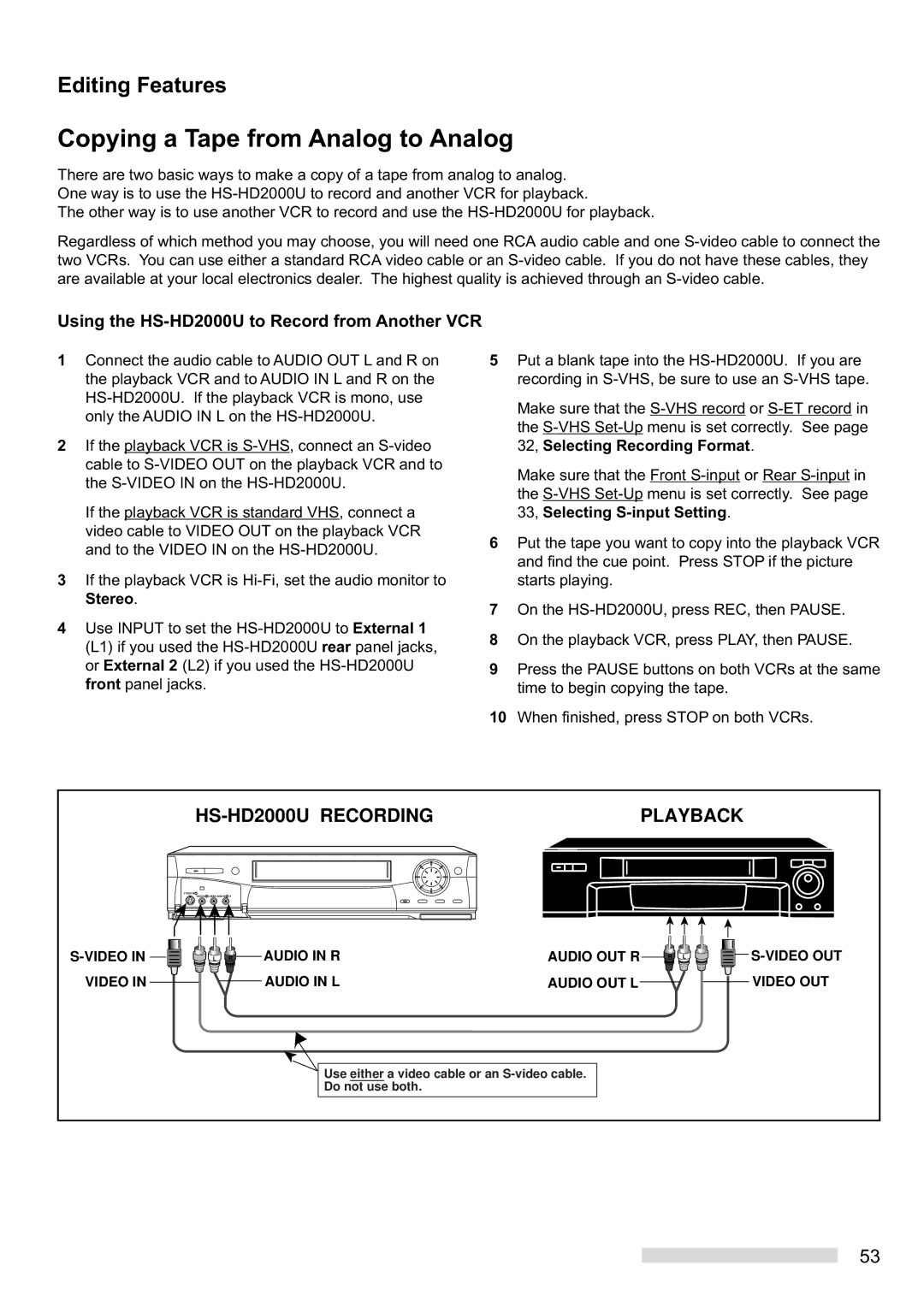 Mitsubishi Electronics manual Copying a Tape from Analog to Analog, Using the HS-HD2000U to Record from Another VCR 