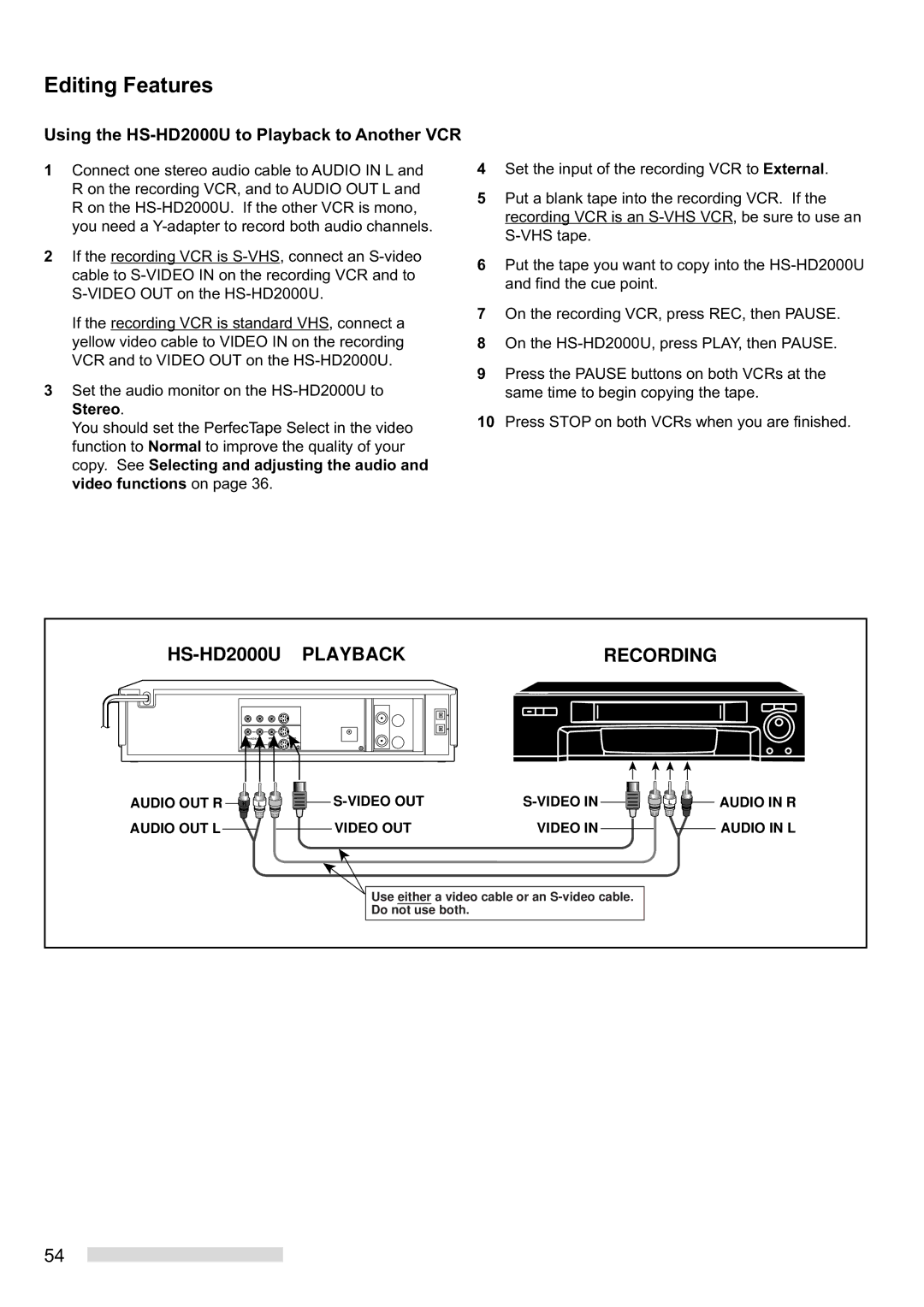 Mitsubishi Electronics manual Using the HS-HD2000U to Playback to Another VCR, Recording 