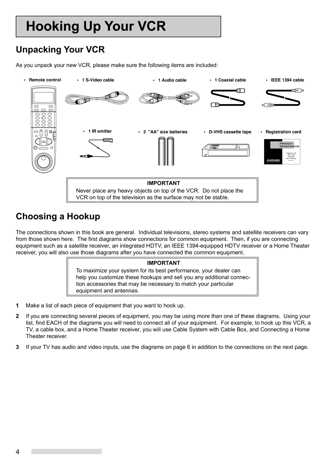 Mitsubishi Electronics HS-HD2000U manual Hooking Up Your VCR, Unpacking Your VCR, Choosing a Hookup 