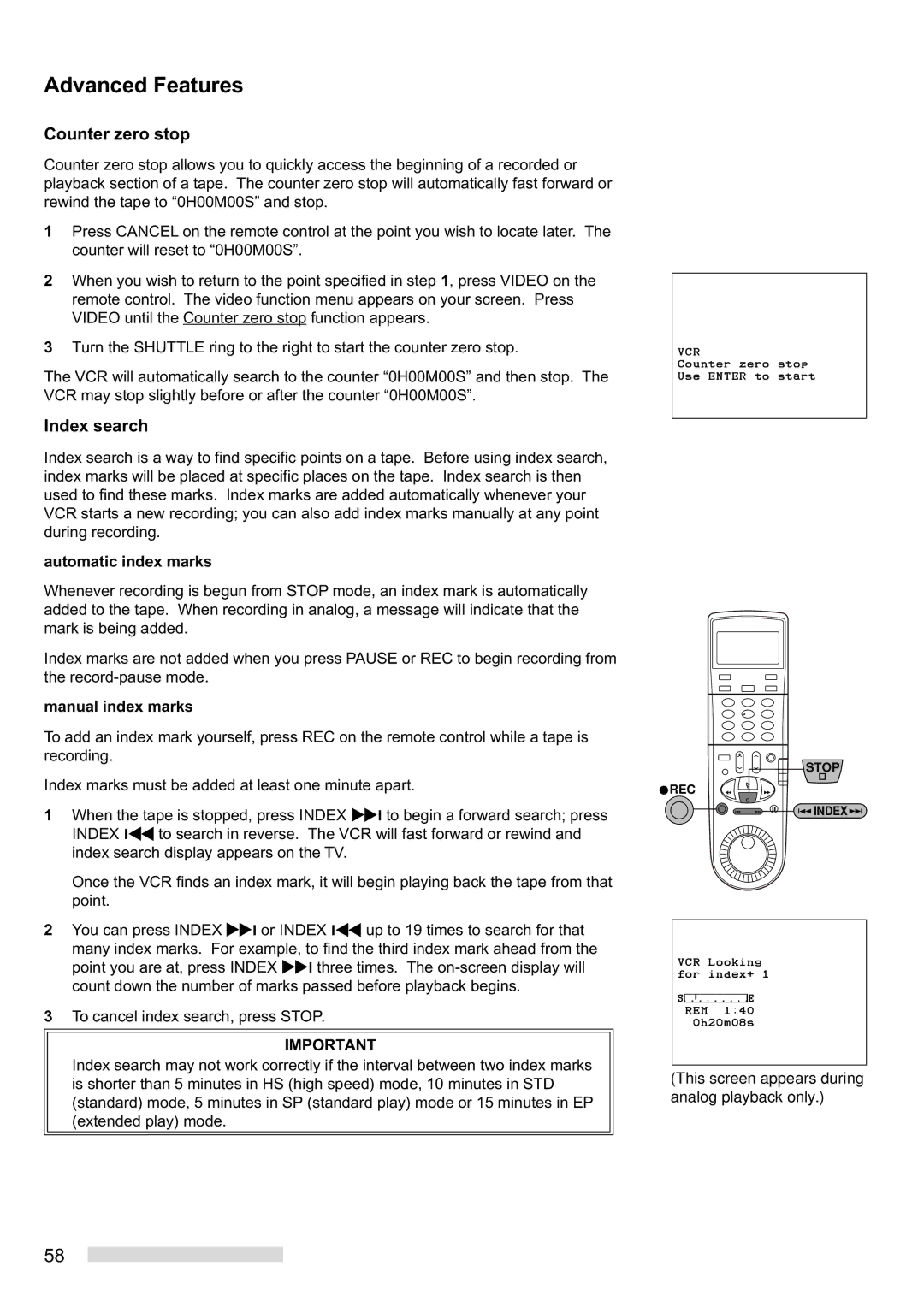 Mitsubishi Electronics HS-HD2000U manual Counter zero stop, Index search, Automatic index marks, Manual index marks 