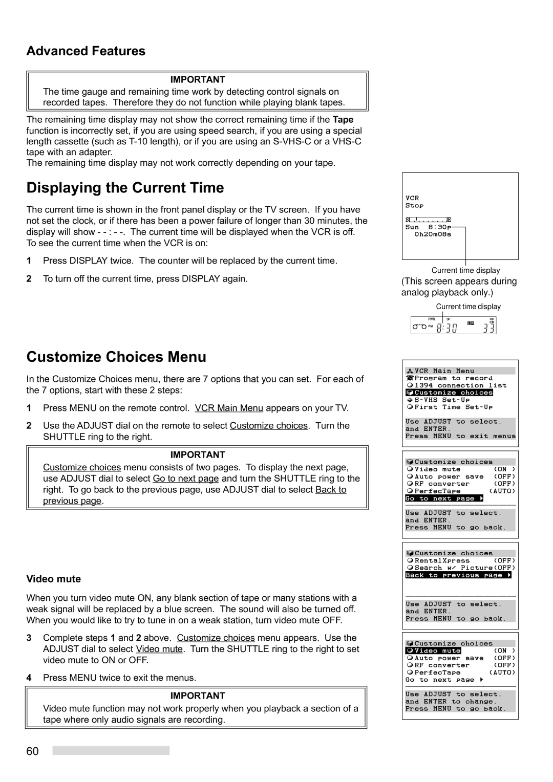 Mitsubishi Electronics HS-HD2000U manual Displaying the Current Time, Customize Choices Menu, Video mute 