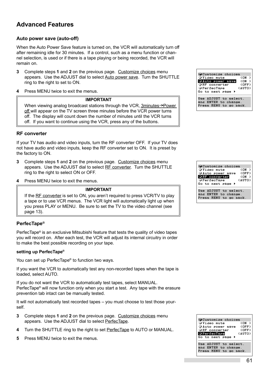 Mitsubishi Electronics HS-HD2000U manual Auto power save auto-off, RF converter, Setting up PerfecTape¨ 