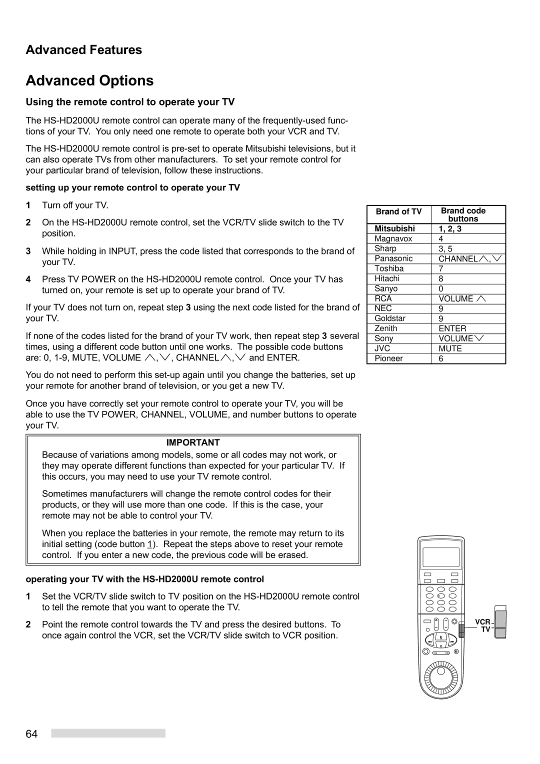 Mitsubishi Electronics HS-HD2000U manual Advanced Options, Using the remote control to operate your TV 