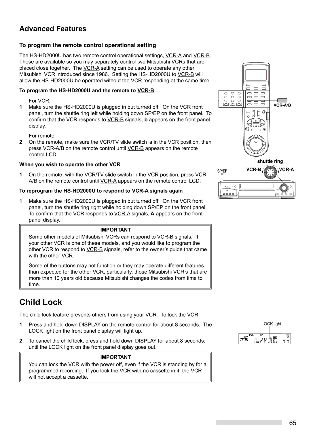 Mitsubishi Electronics HS-HD2000U manual Child Lock, To program the remote control operational setting 