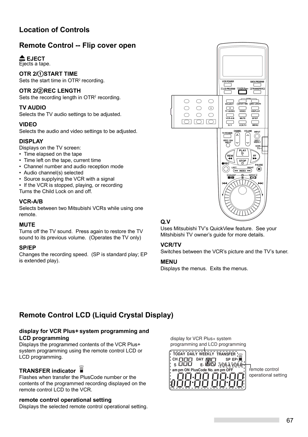 Mitsubishi Electronics HS-HD2000U manual Location of Controls Remote Control -- Flip cover open, OTR 2/úREC Length 