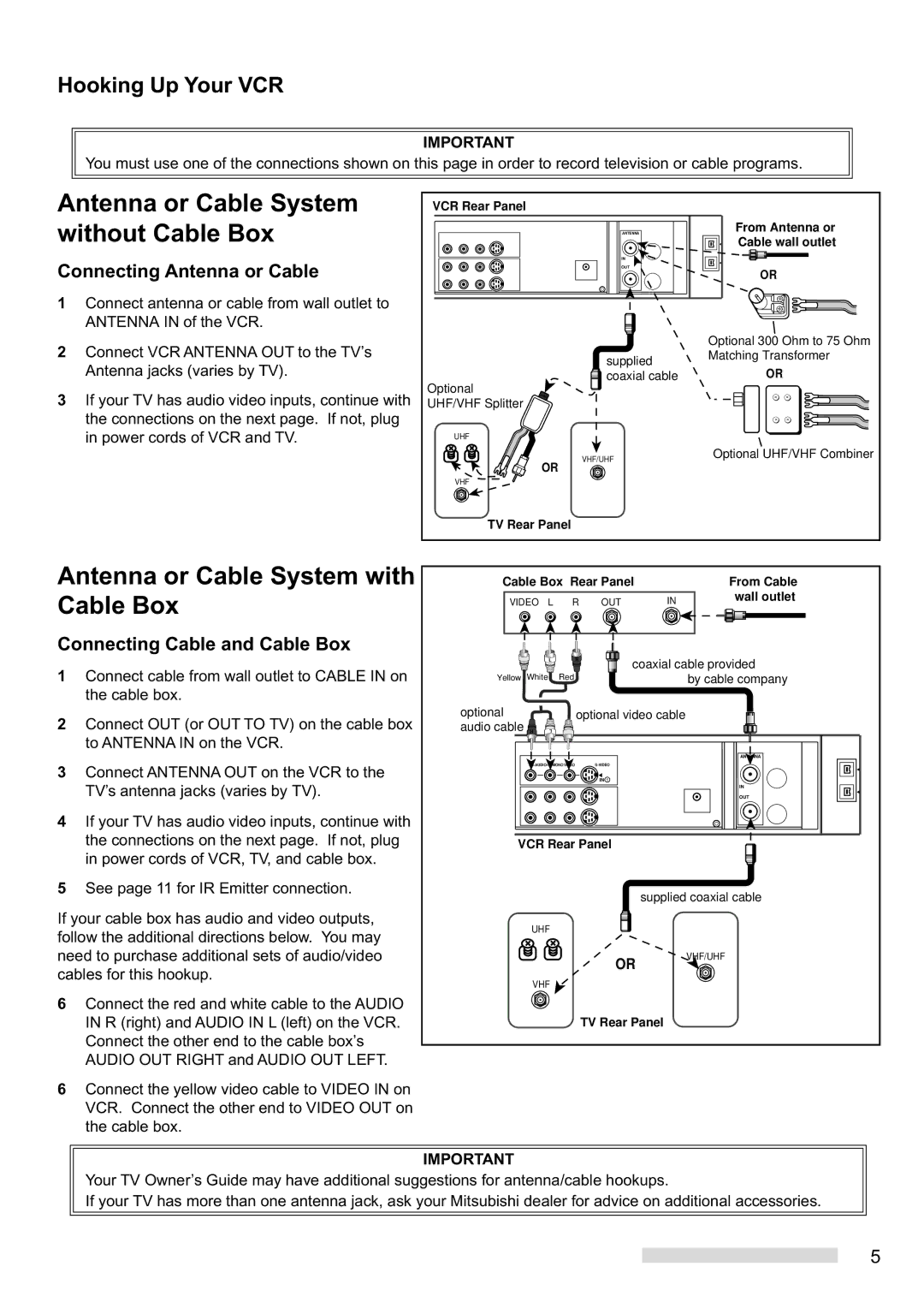 Mitsubishi Electronics HS-HD2000U manual Antenna or Cable System without Cable Box, Antenna or Cable System with Cable Box 