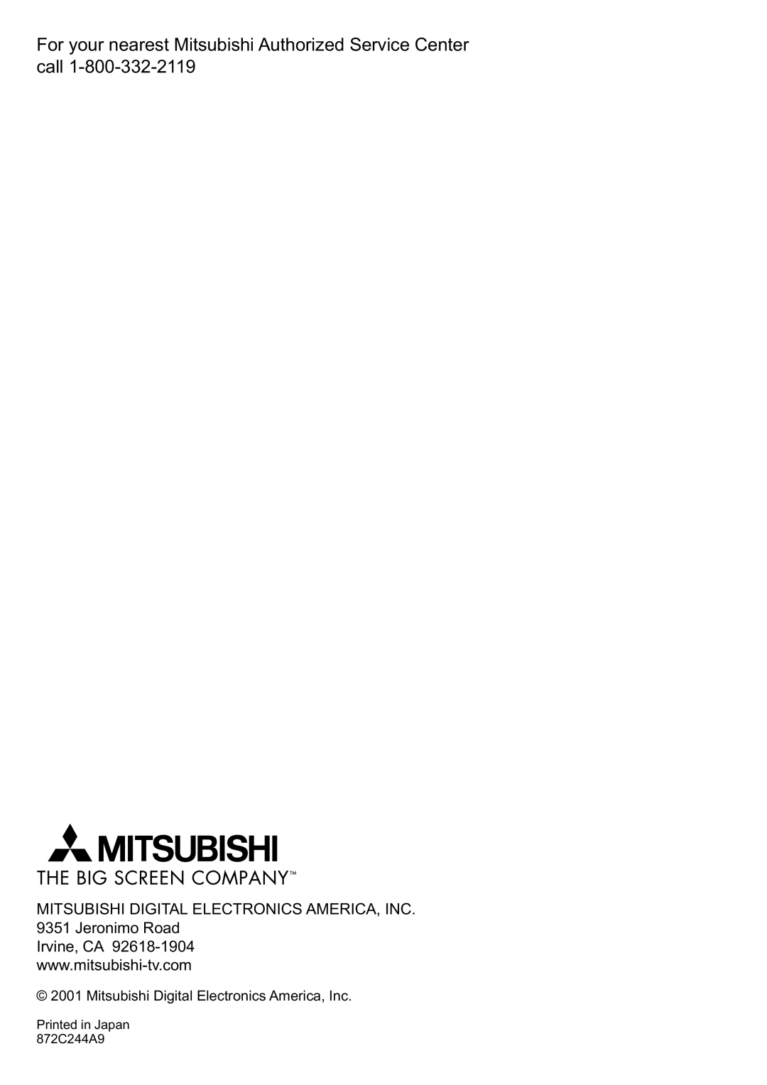 Mitsubishi Electronics HS-HD2000U manual For your nearest Mitsubishi Authorized Service Center call 