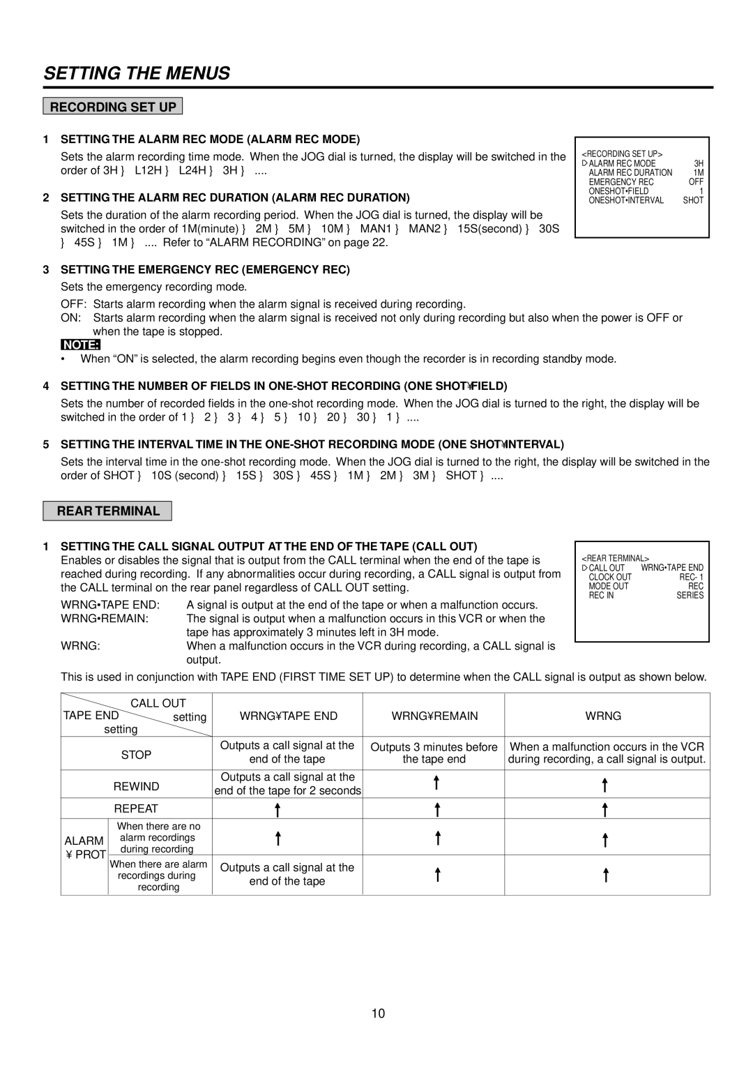 Mitsubishi Electronics HS-S8300E(BRS) operation manual Setting the Menus, Recording SET UP, Rear Terminal 