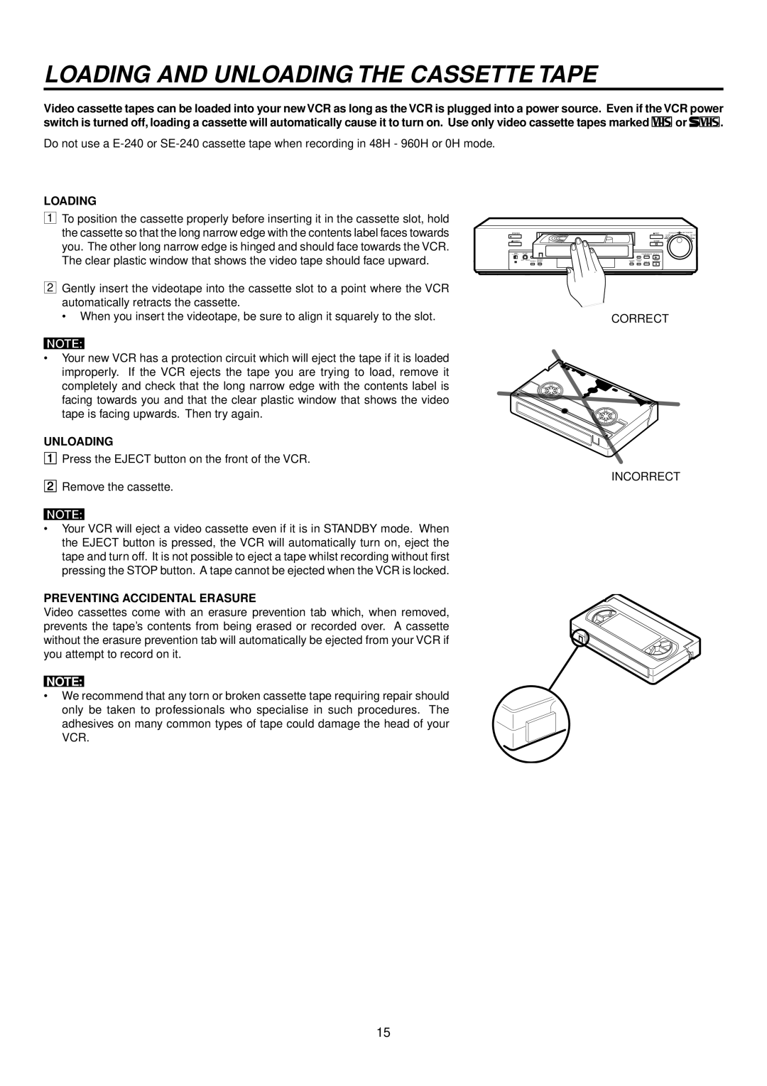 Mitsubishi Electronics HS-S8300E(BRS) Loading and Unloading the Cassette Tape, Preventing Accidental Erasure 