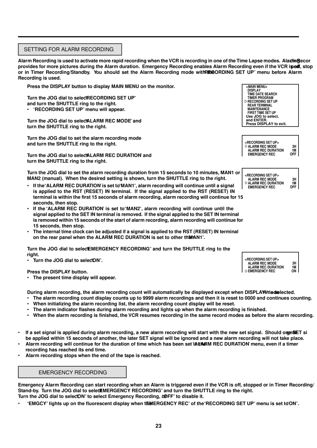 Mitsubishi Electronics HS-S8300E(BRS) operation manual Setting for Alarm Recording, Emergency Recording 