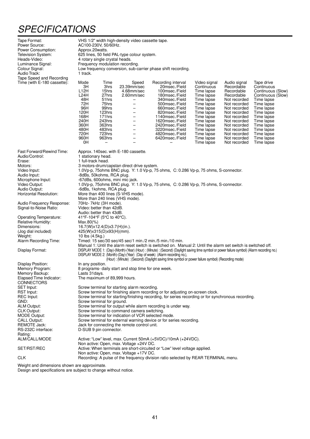 Mitsubishi Electronics HS-S8300E(BRS) operation manual Specifications, Connectors 