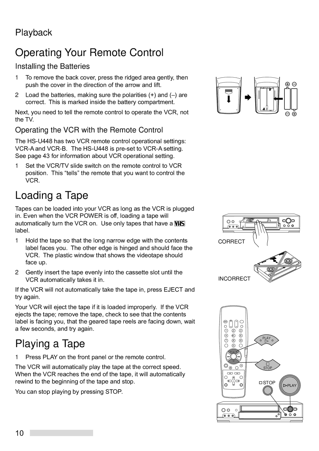 Mitsubishi Electronics HS-U448 manual Operating Your Remote Control, Loading a Tape, Playing a Tape, Playback 