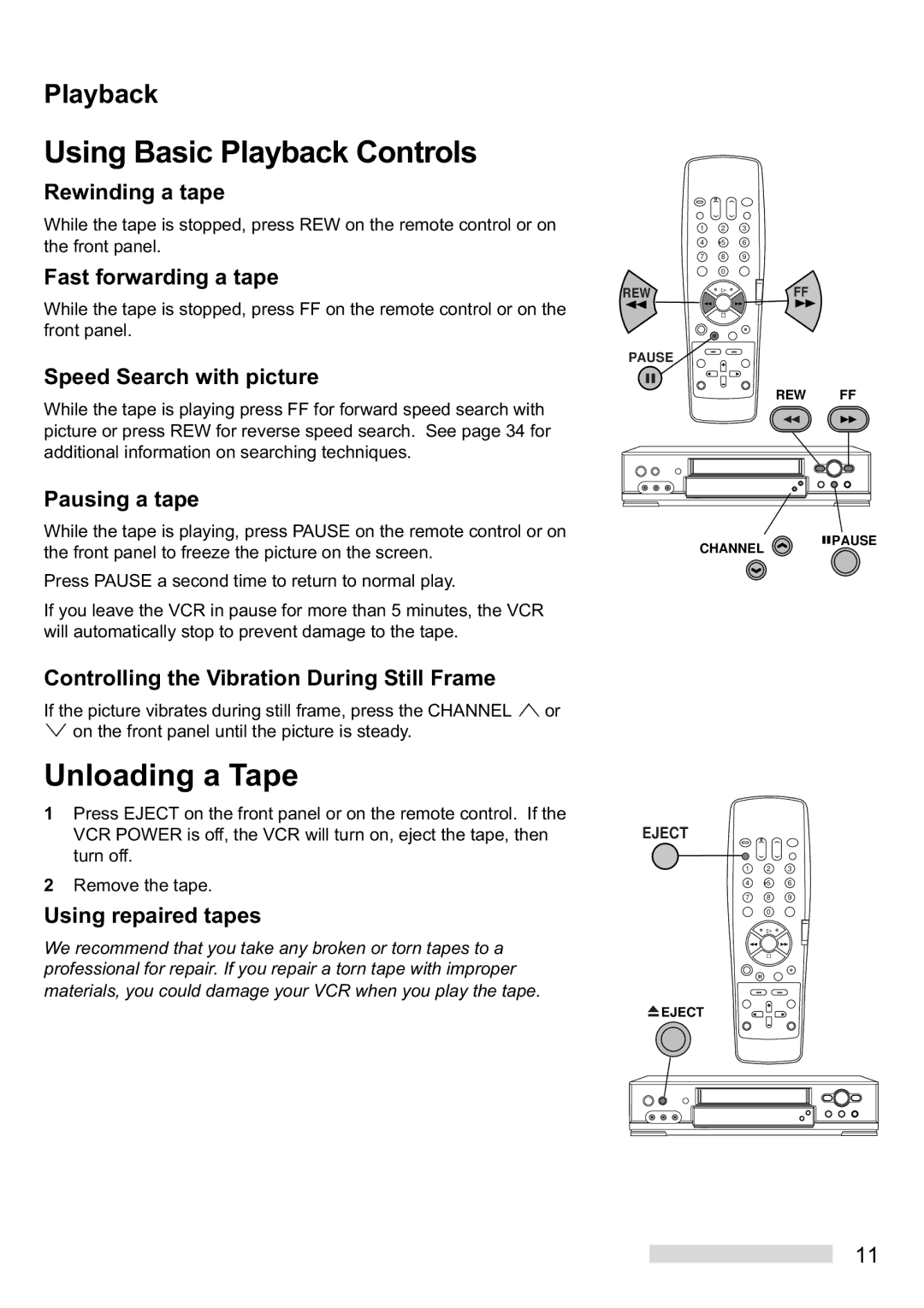 Mitsubishi Electronics HS-U448 manual Using Basic Playback Controls, Unloading a Tape 