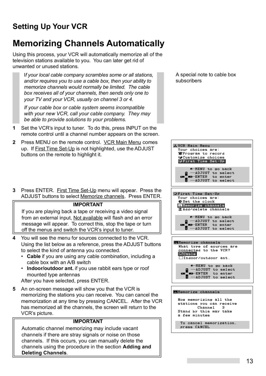 Mitsubishi Electronics HS-U448 manual Memorizing Channels Automatically, Setting Up Your VCR 