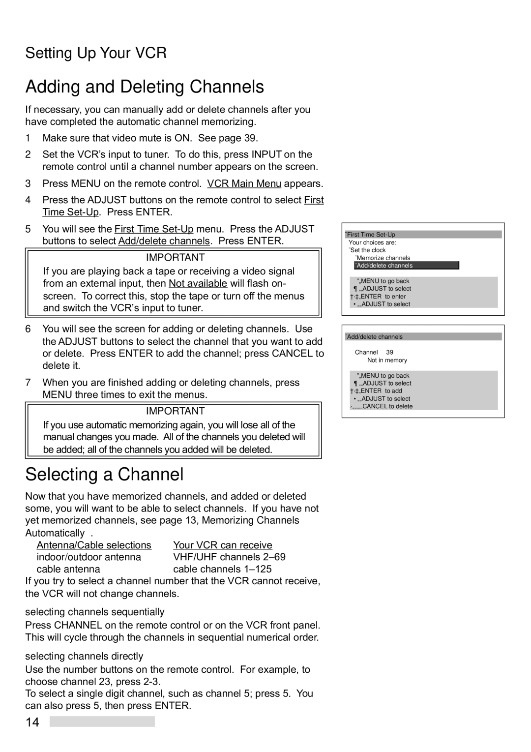 Mitsubishi Electronics HS-U448 manual Adding and Deleting Channels, Selecting a Channel, Cable antenna Cable channels 1Ð125 