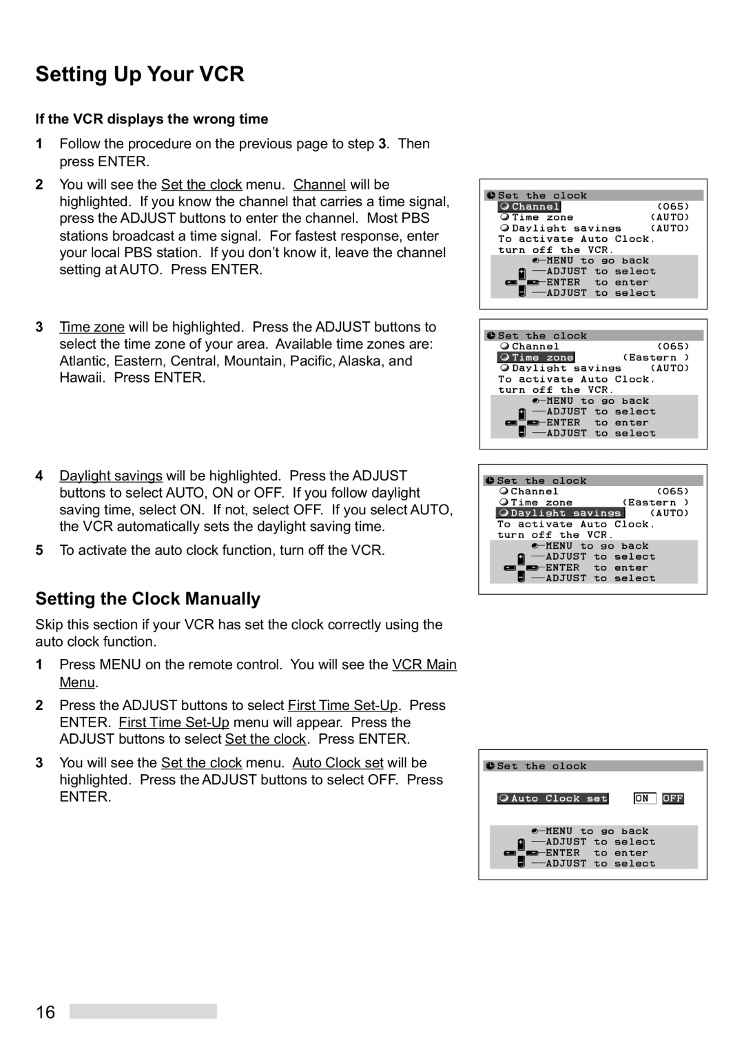 Mitsubishi Electronics HS-U448 manual Setting the Clock Manually, If the VCR displays the wrong time 