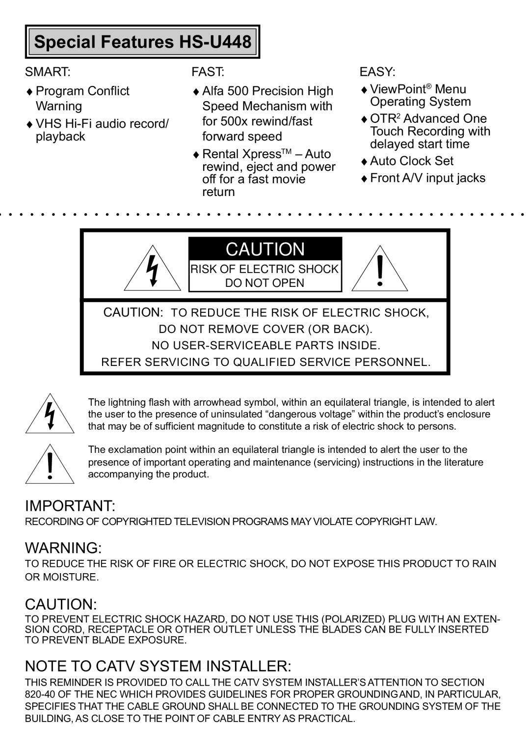 Mitsubishi Electronics manual Special Features HS-U448, Smart Fast 