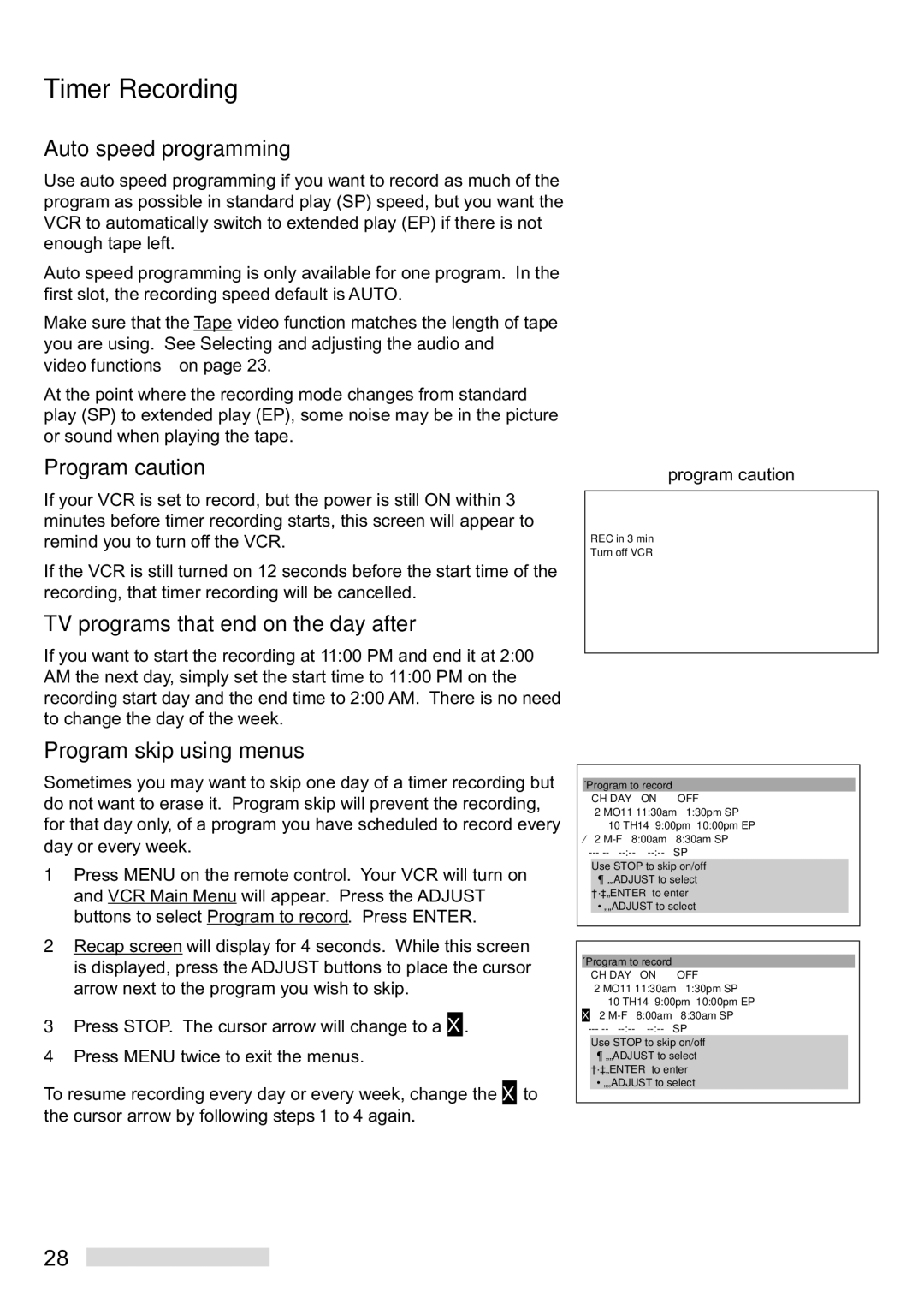 Mitsubishi Electronics HS-U448 manual Auto speed programming, Program caution, TV programs that end on the day after 