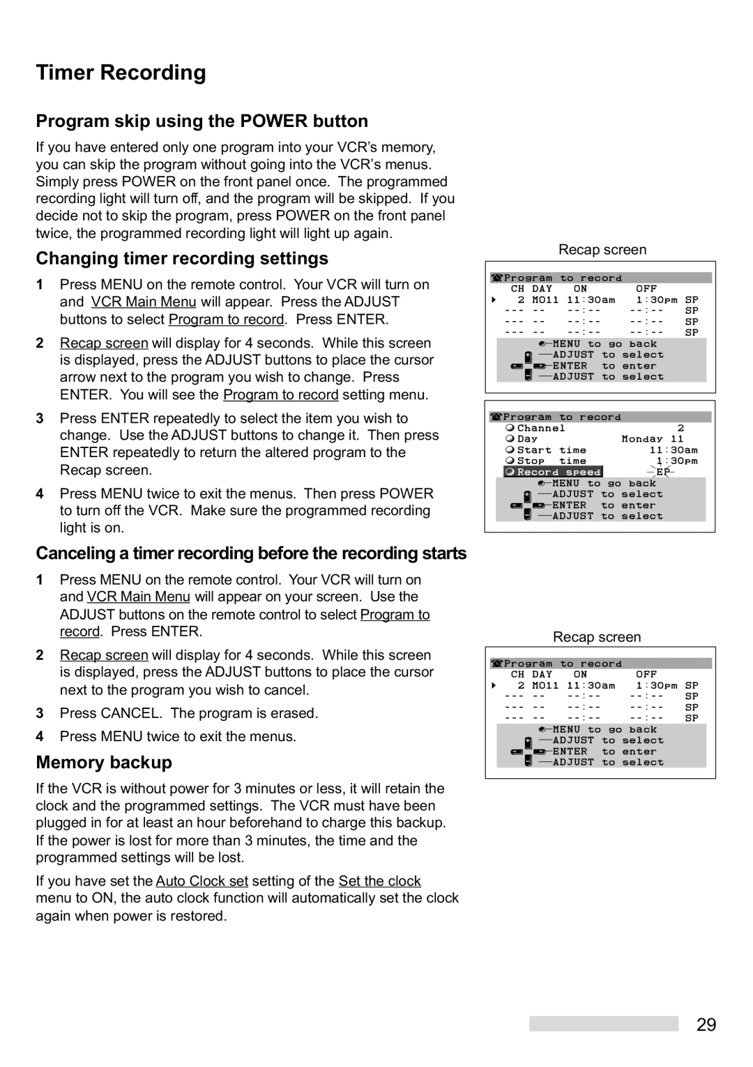 Mitsubishi Electronics HS-U448 manual Program skip using the Power button, Changing timer recording settings, Memory backup 