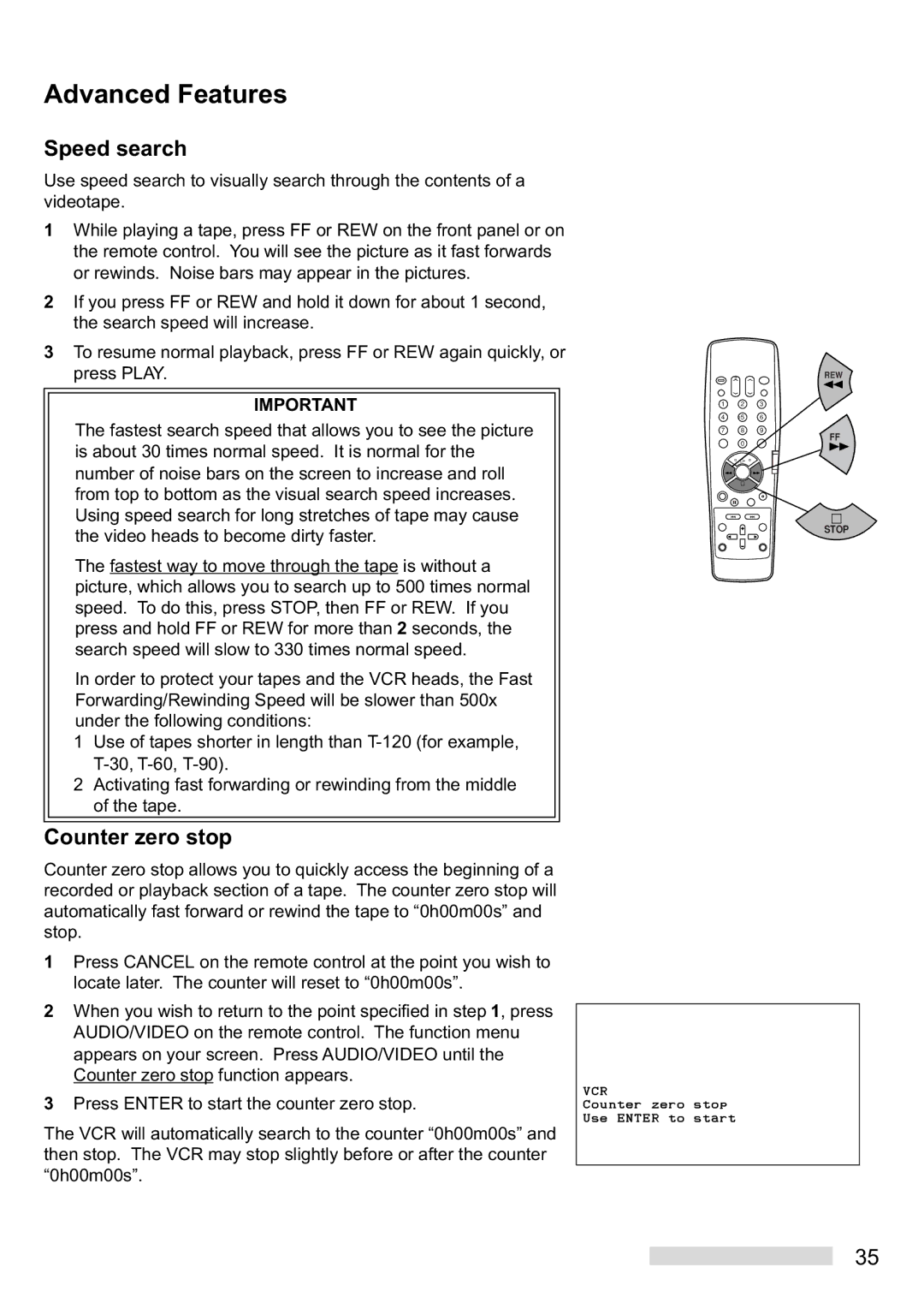 Mitsubishi Electronics HS-U448 manual Speed search, Counter zero stop 