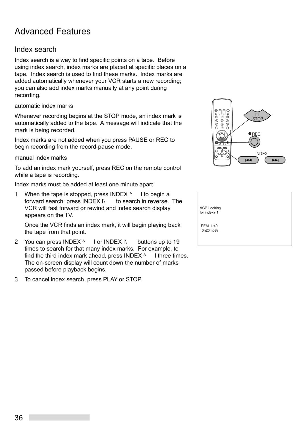 Mitsubishi Electronics HS-U448 manual Index search, Automatic index marks, Manual index marks 