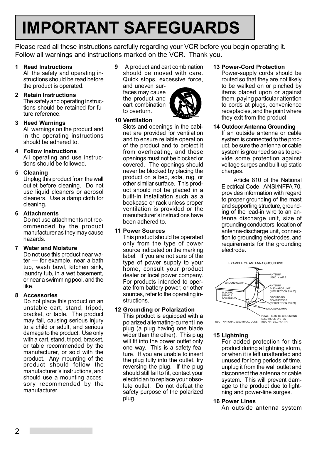 Mitsubishi Electronics HS-U448 manual All operating and use instruc- tions should be followed, An outside antenna system 