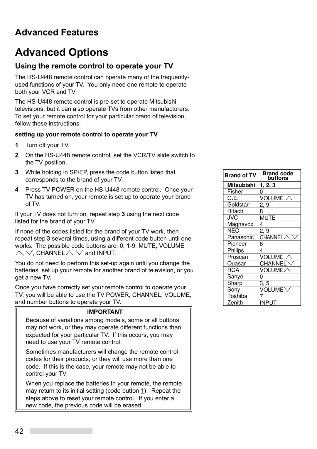 Mitsubishi Electronics HS-U448 manual Advanced Options, Using the remote control to operate your TV 